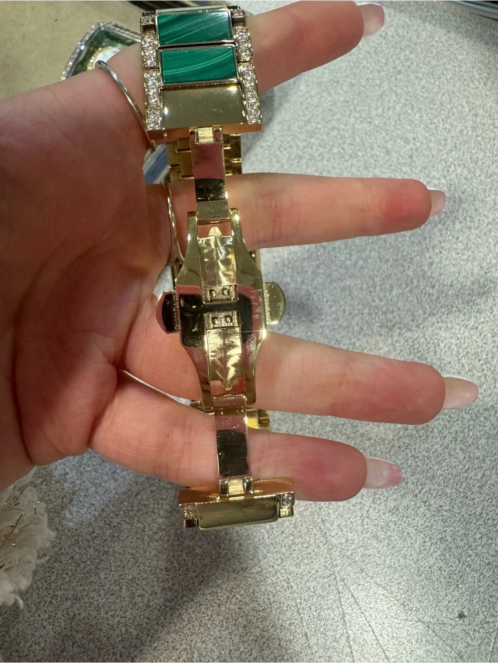 Rarities by Carol Brodie Goldtone Stainless Steel Green & White Bracelet watch